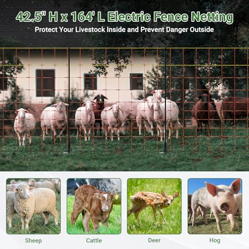 Electric Fence Netting 42.5" H x 164'L | with Posts and Double-Spiked Stakes, Portable Livestock Nets for Backyards, Homesteads, Gardens, Farms, and Ranches - size: 42.5"H x 164'L