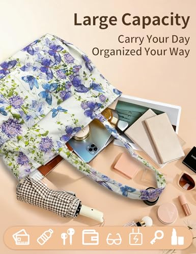 Corduroy Tote Bag for Women, Cute Floral Tote Bag with Zipper, Large Shoulder Handbag with Multi-Pockets for Work Travel Gym - color: Purple Butterfly