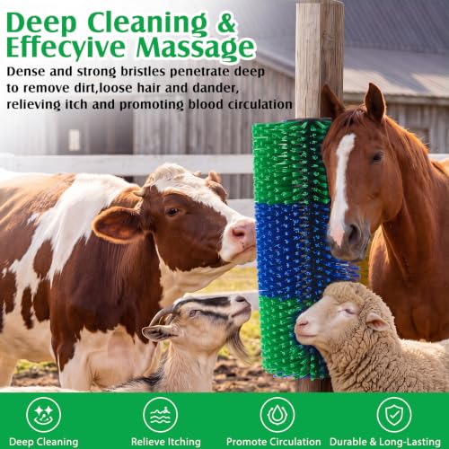 3 Pack Livestock Scratching Brush, Blue and Green | Animal Scratcher, Itch Relief Grooming, Horse Goat Cow Scratcher, Fence Post Mounting, Durable Bristles, Farm Livestock Care - color: Blue and Green