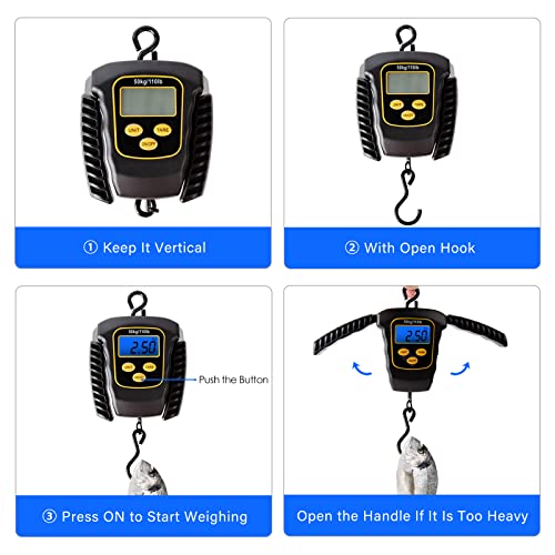 Fish Scale 110lbs/50kg Waterproof Hanging Fishing Portable Weight Scale | Strong Hook Scale, Back-lit LCD Display, Digital Spring Balance, Folding Handles, Luggage Weighing, Fishing Gift for Men