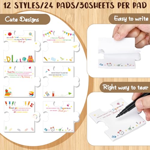 Yinder 24 Pads Puzzle Sticky Notes Teacher Appreciation Thank You Gifts | Self-adhesive Cartoon Pads for Team Employee Gifts, 8 Puzzle-shaped Designs, Graduation Classroom Office Supply - style: Teacher