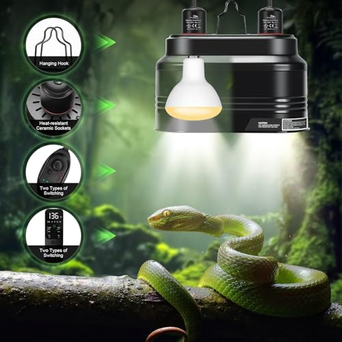 MECESOR Reptile Dual Light Fixture with Dimming Switch and Timer, Deep Dome Reptile Heat Lamp Fixture Double UVB Light Fixture, Double Dome Lamp Fixture for Basking Heat Bulb for Terrariums - size: Timing & Thermostat Dual Lamp Fixture