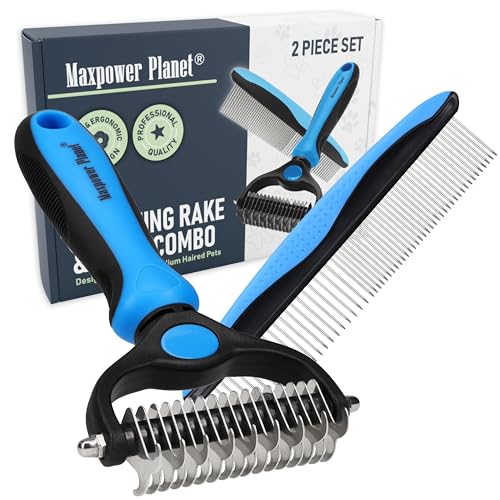 Maxpower Planet Pet Grooming Rake and Dematting Comb, Pet Pro | Blue, Deshedding, for Dogs, Extra-Wide, 5-Finger Design, Long & Short Hair, 2-Piece Set, 9 & 17-Teeth Sides - color: C - Rake and Comb Kit (Best Value), size: Large