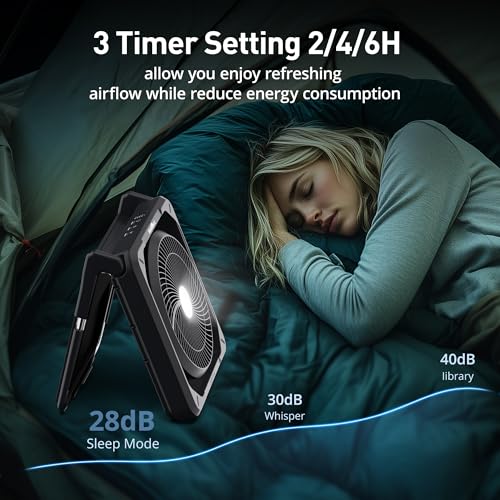 11.5 inch Portable Solar Powered Fan, Battery Powered Camping Fan, Solar Charger, Timer & Lantern, Battery Operated Travel Fan for Sleeping Outdoor Tent Car Beach Hurricane Essentials Accessories