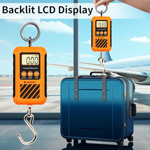 UNIWEIGH Digital Hanging Scale,Mini Crane Scale 300kg/660lb with Hold&Tare | Postal Luggage Scale with LCD Display,Portable Handheld and Large Hook,Deer Scale for Garage Farms Hunting Fish Travel Hays