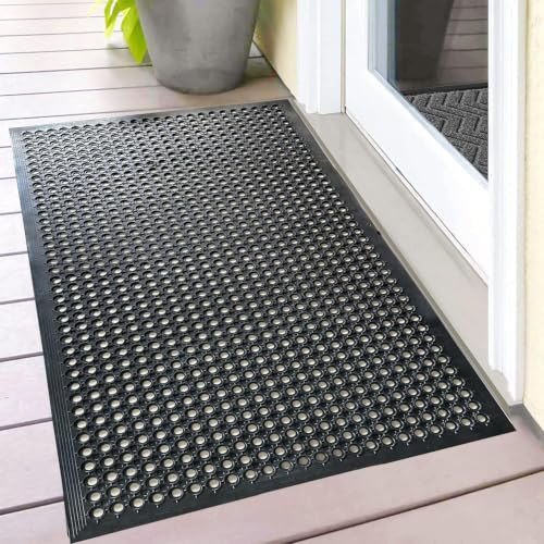 Uniboho Commercial Heavy Duty Rubber Floor Mat for Outside Non Slip 20 x 31 | For Restaurant, Kitchen, Horse Stall, Outdoor Patio, Garage, Pool, with Holes for Drainage - size: 1'7" x 2'6" (Rectangular)