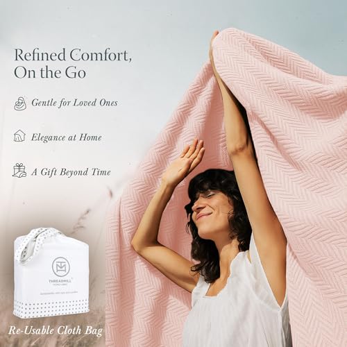 Threadmill Luxury Cotton Blankets for Queen Size Bed | All-Season 100% Cotton Queen Size Blanket | Herringbone Cozy, Soft Breathable Fall Thermal Blanket fits Full Size Bed | English Rose | All-Season Thermal Blanket, Soft & Breathable, Cozy Moisture-Wick