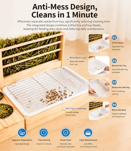 Rabbit Hay Feeder with Litter Box Bowls, 3-in-1 Wooden Rabbit Toilet | Large Capacity Rabbit Litter Box with Hay Feeder, Removable Tray Easy Clean,Bunny Guinea Pig Chinchilla Small Animals