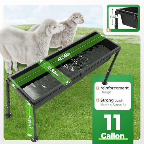 Livestock Feeder Water Trough 42" Long 11 Gallon with Adjustable | Stand for Feeding Farm Livestock Sheep Horses Chickens Pigs and Cattle Steel+Plastic Powder Coated