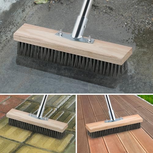 Mitclear Heavy Duty Wire Broom with Telescopic Handle(57IN), Stiff Metal Bristle Brush for Removing Weed Moss, Outdoor Floor Scrub Brush for Patio, Deck, Garden, Concrete, Garage
