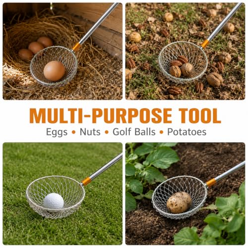 Egg Picker Tool with 15-58.5" Retractable Pole and Metal Wire Mesh Basket | Telescopic Retriever Grabber for Backyard Chicken Keeping, Nesting Box and Farm Use