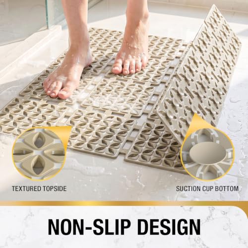 HITSLAM Shower Mat Anti Slip, 24x24 Inch Cut to Fit No Odor Soft TPE Shower Stall Mat, Square Bath Mat with Suction Cups and Drain Holes, Soft on Feet, Khaki - color: Khaki
