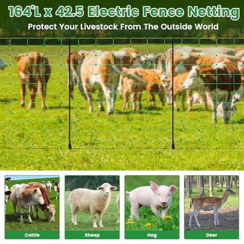 Electric Fence Netting, 42.5" H ×164 L' Portable Livestock Fencing for Sheep, Cattle, Net Fencing Kit with 14 Posts Double Spiked, Movable Poultry Netting for Backyards, Homesteaders, Farms Ranches - size: 164 * 42.5