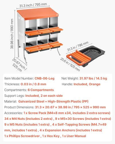VEVOR Chicken Nesting Boxes, 6 Compartments, with Support Legs, Easy Egg Collection, Galvanized Steel and High-Strength Plastic, Roll Away Nesting Boxes for Chickens and Hens Laying Eggs, Orange - size: 31.3"L x 20.7"W x 39.0"H