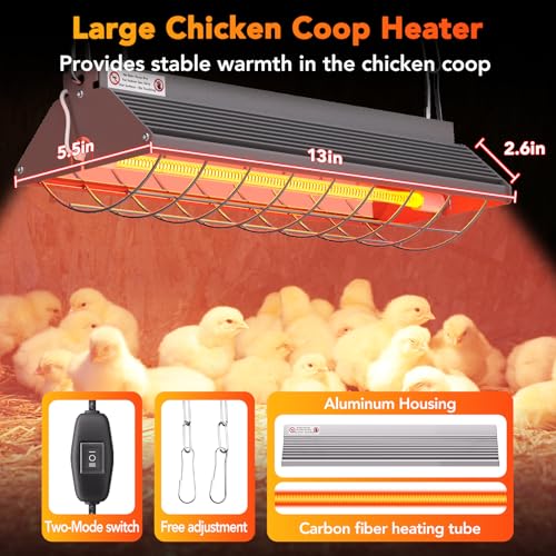 Ficuswin Large Heat Lamp for Chickens, 300W Carbon Fiber Heater for Chick Brooder - Adjustable Height Chicken Coop Heater with 2 Temperature Modes, Long-Lasting 10,000H, Ideal Chicken Coop Accessories - color: Gray, size: 14*6*3.8 Heat lamp
