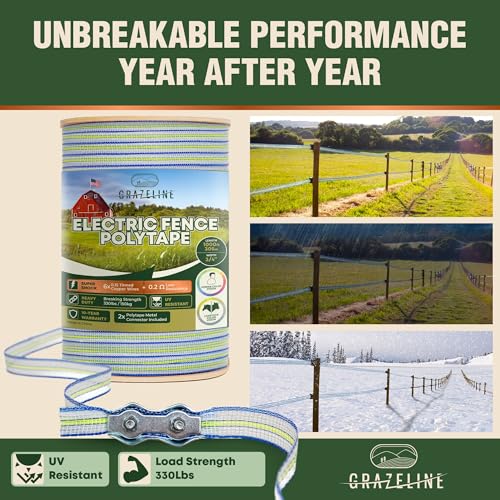 Electric Fence Polytape 1000ft, 3/4" Fence Tape, 6 Tinned Copper Wires | 330lb Strength High Visibility Livestock Fencing - 0.2 Ohm Low Resistance - Safe for Horse and Goat Fencing - UV resistant - size: 1000 ft