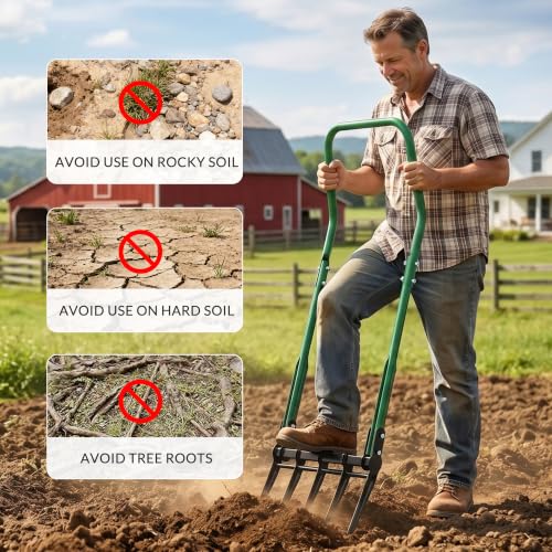 BroadFork Garden Tool, Heavy Duty 5-Tine Broad Fork Hand Tiller, Garden Pitchfork with Ergonomic U-Shaped Handle, Digging Fork for Gardening, Cultivating