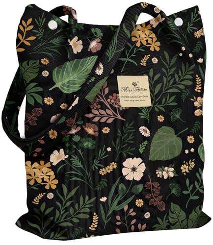Miss Adola Corduroy Tote Bag for Women with Aesthetic Design | Magnetic Buckle & Pocket, Reusable, Soft, Roomy, Long Shoulder Handles, Double-sided Print, Casual Daily Work, Grocery Bags - color: Green Pk Flower, size: Large