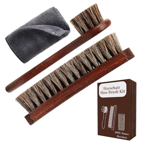3-Piece 100% Horse Hair Shoe Brush Kit for Leather Care – Professional Dauber Applicators and Polishing Brushes with Cleaning Cloth for Leather Shoes, Boots, Bags, Jackets & Car Detailing