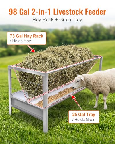 5.5 Ft Long Goat Hay Feeder with Deeper Feeding Pan, 98 Gallon Capacity Livestock Hay Feeder, 2 in 1 Grain & Hay Feeder, Galvanized Steel Grain Holder for Goats, Sheep and Ponies