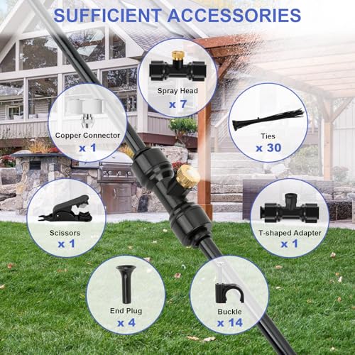 GMAULEE Misting Cooling System, DIY 33FT(10M) Misting Line +7 Brass Mist Nozzles+ a Brass Connector(3/4'') Outdoor Mister System for Patio Waterpark Garden Trampoline Greenhouse - size: 33 ft (10M)+7 Brass