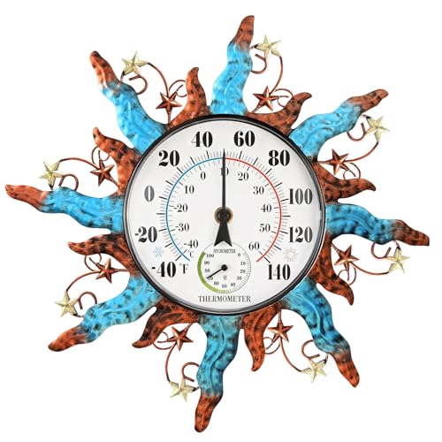 Sun Outdoor Thermometer Waterproof Wall Thermometer for Patio Garden Yard | Equipped with a Hygrometer, No Batteries Required, Dual-Scale Dial with Big Numbers, 13 Inch, Ideal Indoor & Outdoor Decor