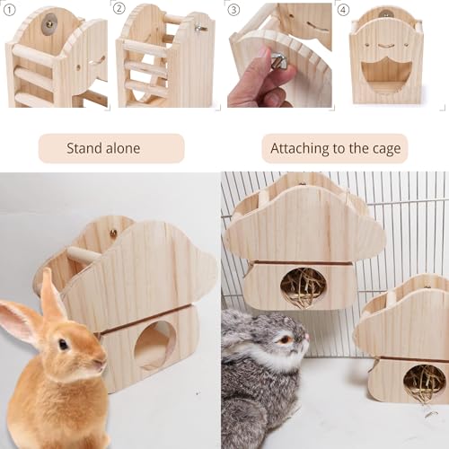 JanYoo Rabbit Hay Feeder,Natural Wooden Hay Holder for Guinea Pigs Bunny Cage Rabbit Hay Dispenser Hanging Standing-Champignons - size: Champignons