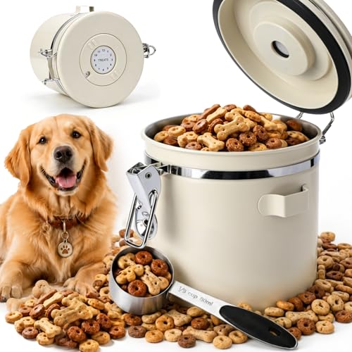Dog Treat Container Airtight, 1.3 Qt 304 Stainless Steel Dog Treat Jar & Pet Treat Canister with Scoop, Date Dial, Locking Clamp, Silicone Seal for Dog Biscuits, Cookies, Training Snacks - size: 1.3 Qt