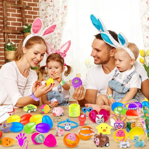 100PCS Prefilled Easter Eggs with Novelty Toys, Plastic Easter Egg Fillers Toys Bulk for Easter Egg Hunt, Easter Basket Stuffers for Kids Toddler Boys Girls Goodie Bag Easter Eggs Filled Party Favors