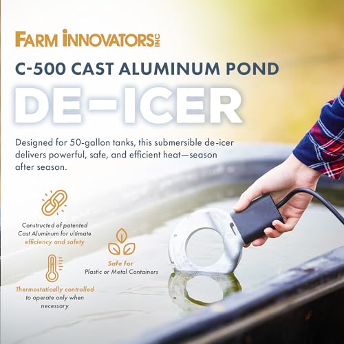 Farm Innovators C-500 Submergible Cast Aluminum Utility Water De-Icer, Powered at 500 Watts with 50 Gallon Capacity for Versatile Farm Use | Thermostatically controlled heater operates only when necessary, cast aluminum construction, plastic-safe