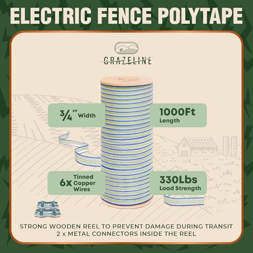 Electric Fence Polytape 1000ft, 3/4" Fence Tape, 6 Tinned Copper Wires | 330lb Strength High Visibility Livestock Fencing - 0.2 Ohm Low Resistance - Safe for Horse and Goat Fencing - UV resistant - size: 1000 ft