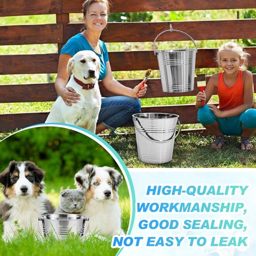 Hicarer 10 Pcs Dog Stainless Steel Bucket Heavy Duty Water Bucket for Dogs Metal Bucket with Handle Small Metal Pail for Pet Cat Puppy Food and Water Storage Milking Goats Small Animals (6.3 Quart)