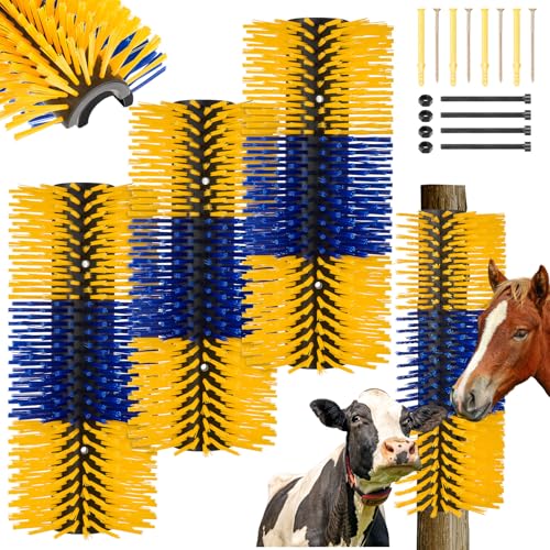 3 Pack Livestock Scratching Brush, Blue and Yellow | Animal Scratcher, Itch Relief Grooming, Horse Goat Cow Scratcher, Fence Post Mounting, Durable Bristles, Farm Livestock Care - color: Blue and Yellow