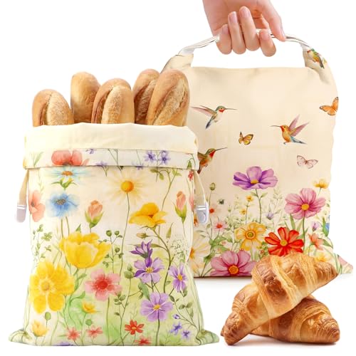 Hushee 2 Pcs Beeswax Sourdough Bread Bags, XL Cotton Line, Wildflower | 13 x 16 Inch Bread Bags for Homemade Bread, Reusable Organic Linen Cotton Storage Bags, Keep Loaves Fresh Longer - style: Wildflowers