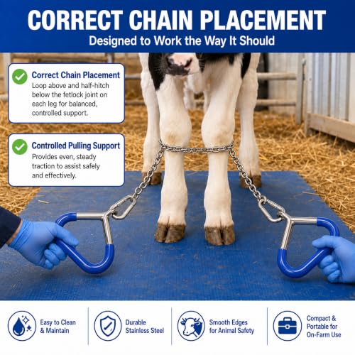 60-Inch Calf Pulling Chain Set, 304 Stainless Steel, 2 Handles, Carabiners | 304 stainless steel; detachable carabiners clip to chain ends or any link for flexible setups; for cows, cattle and goats