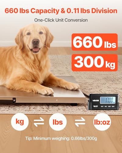 VEVOR Digital Shipping Scale, 0.1 lbs High Accuracy, 660 lbs Postal Scale with LCD Display, Hold/Tare Function & AC/DC Power Supply, Fit for Packages, Postage, Luggage, Battery & Adapter Included | For Packages, Postage and Luggage, LCD Display, Hold/Tare