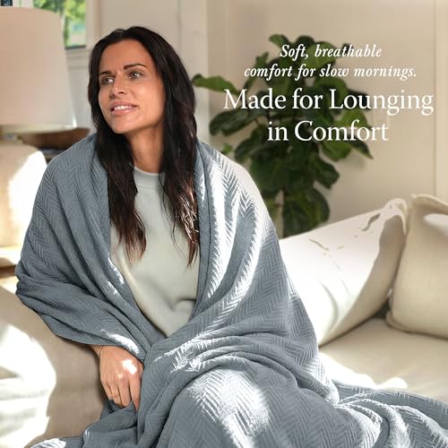 Threadmill Luxury 100% Cotton Queen Herringbone Blanket, Scottish Grey | All-Season Thermal Blanket, Soft & Breathable, Cozy Moisture-Wicking, OEKO-TEX Certified, Machine Washable, 90x92 in - color: Scottish Grey, size: Queen (90" x 92")