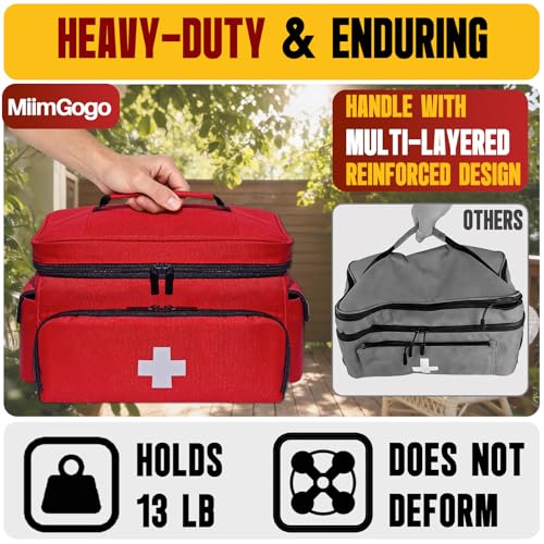Small First Aid Bag Empty Medical Bag Red Pill Bottle Organizer Case, Portable Emergency Bag Travel Medicine Kit Storage 12" x 9" x 7" First Aid Box for Car, Home, Office, Dorm, Camping (Red)