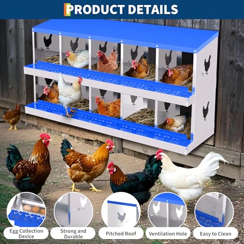 TrailBlaze Durable Galvanized Metal Chicken Nesting Box - 10 Compartments, Roll Away Egg System with Perch & Lid, Rustproof, Ventilated, Easy Install - Blue, 10 Compartments, Without Bracket - color: Blue, size: 10 Holes