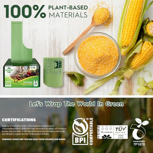 10-13 Gallon Compostable Trash Bags with Handles Tie 30 Bags Biodegradable Garbage Bags Food Scrap Green Waste Bags Thick 0.87 Mil 49.21 Liter ASTM D6400, US BPI and OK Compost Home Certified - color: 13 Gallon Handle Tie, 30 Count