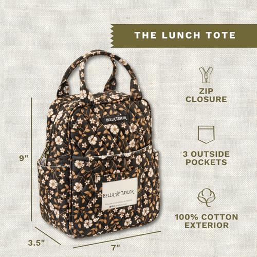 Bella Taylor Lunch Tote, Quilted Lunch Bag, Vintage Vine Black | Lightweight quilted cotton lunch box, easy-to-clean PEVA lining, 3 outside/1 inside pocket, durable construction - color: Vintage Vine Midnight