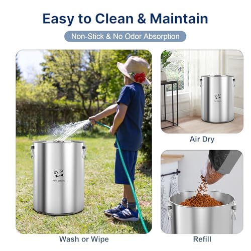 Paw Libero 25 Lbs Stainless Steel Dog Food Storage Container with Airtight Wooden Lid & Ceramic Bone Handle, Large Metal Dog Food Bin for Dogs & Cats, Keep Fresh, Easy to Clean - size: 25 lbs - 1pk