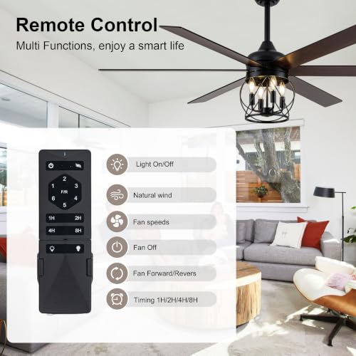 60" Farmhouse Ceiling Fan with Lights Remote Rustic Ceiling Fan | Industrial Black Caged Fandelier Large Moden Chandelier for Living Room Bedroom, 3 Downrods 6 Dual Blades 4 E12 Bulb Bases - color: Caged, size: 60 Inch
