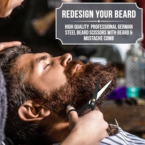 Beard & Mustache Scissors –5" Stainless Steel Grooming Kit with Case | Professional facial hair & beard trimming shear. Trims moustache, nose & eyebrows. Includes 2 mustache combs & travel pouch. - color: Black
