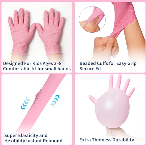 XXS Kids Nitrile Gloves, Latex & Powder Free, 4 Mil, 50 Pairs | XXS Fits Ages 3-8, Food-Grade Material, Waterproof, Textured Grip, Crafts, Painting, Cooking, Science, Messy Play - color: Pink