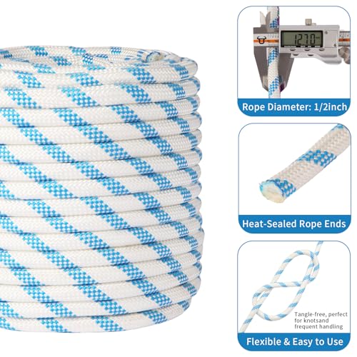 Double Braid Arborist Rope, 1/2 Inch x 150 ft, 9000 LBS Breaking Strength Heavy Duty Tree Climbing Rope, Outdoor Swing Rope for Trees, Climbing, Sailing & General Use - size: 1/2inch*150ft, style: White