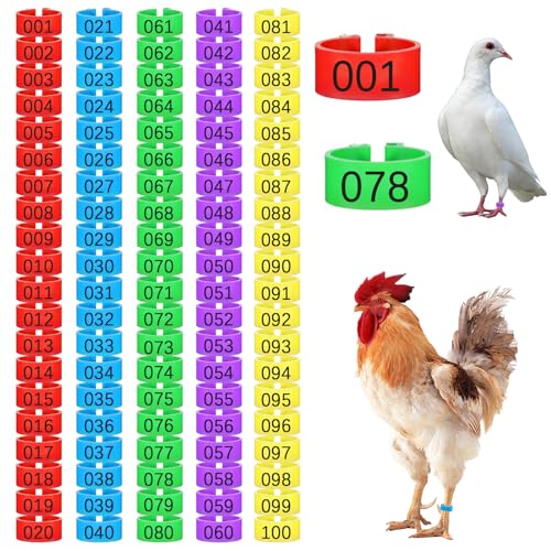 100 Pcs Adjustable Chicken Leg Bands, 16mm Chicken Identification Band, Color-Coded Leg Bands for Chickens, Clip-On Round Numbered Poultry Legs Tags for Chickens & Farmers Easy Flock Management