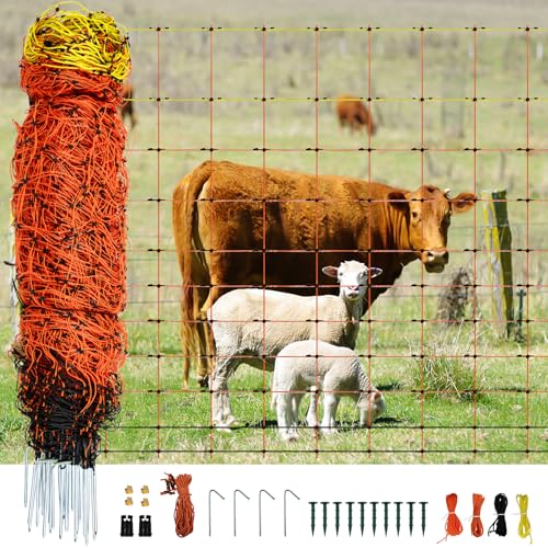 Electric Fence Netting 42.5" H x 164'L | with Posts and Double-Spiked Stakes, Portable Livestock Nets for Backyards, Homesteads, Gardens, Farms, and Ranches - size: 42.5"H x 164'L