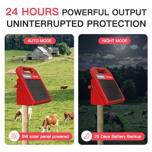 10 Mile Solar Fence Charger 0.18J Electric Fence Energizer with Day Night Mode 24-Hour Protection Red - size: 0.18J-Red