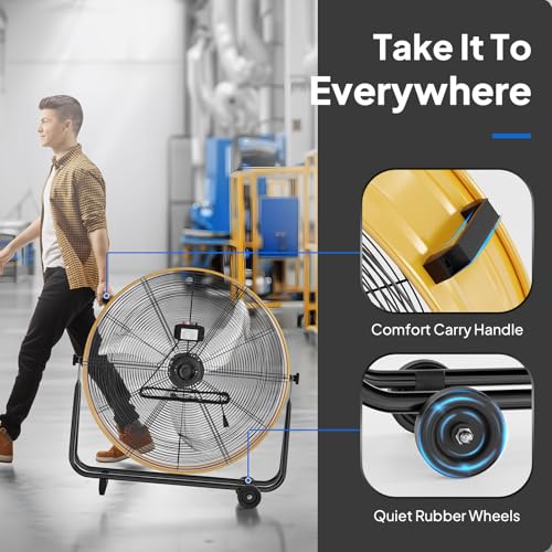 Bonnlo 30 inch Industrial Drum Fan, 13000CFM High Velocity Metal Floor Fan with Handle, 3-Speed, 360° Tilt, Heavy Duty, Air Circulator for Shop, Garage, Gym, Barn, Commercial, Yellow - size: 30'' (Yellow)